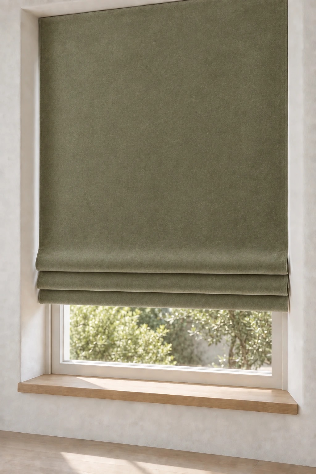 Artichoke Cotton Velvet Roman shades at the window