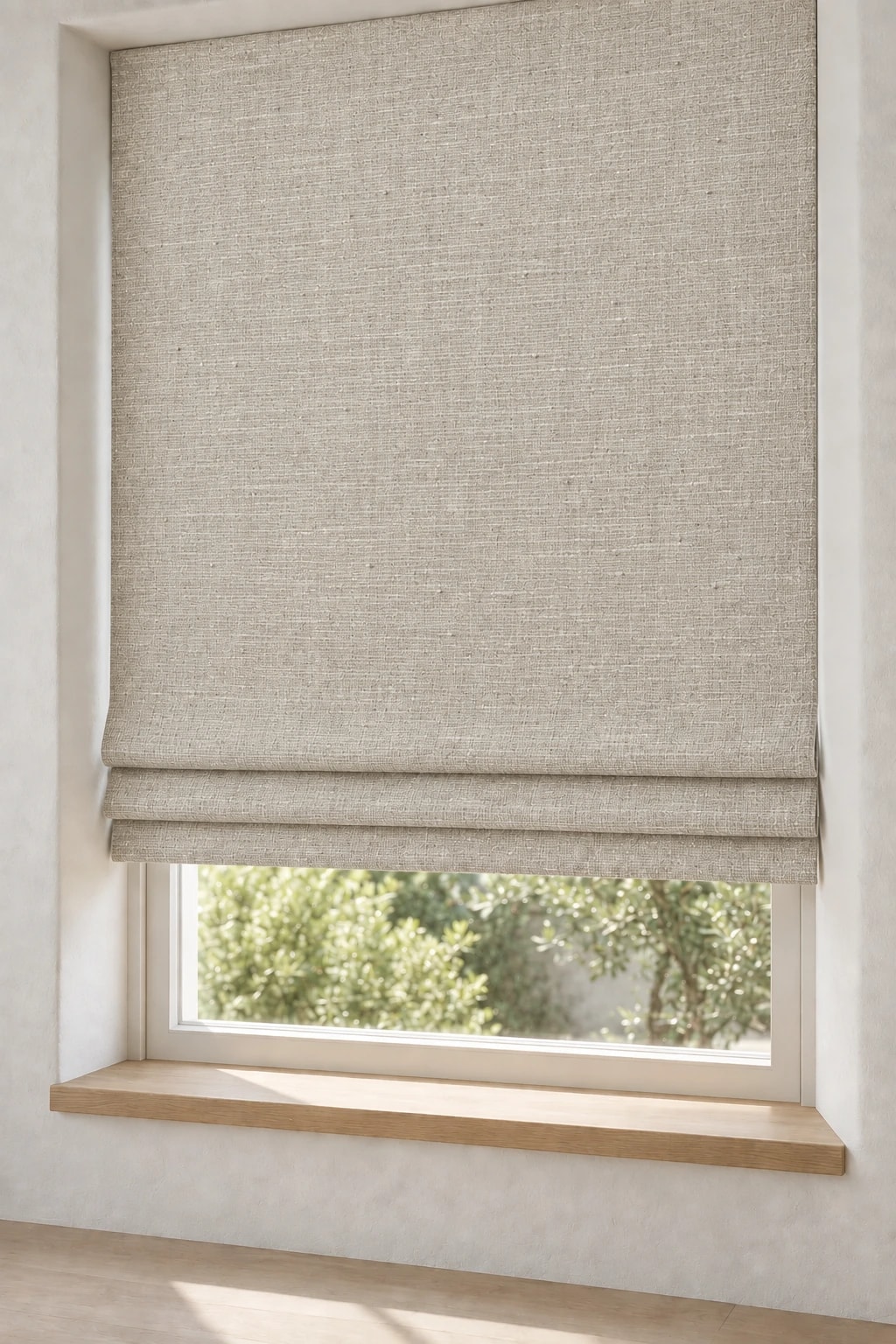 Desized Solid Linen Roman shades at the window