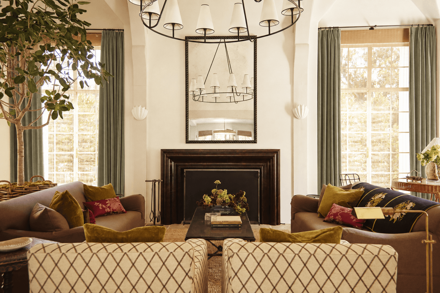 San Ysidro living room, a Valley project photograph with the window drapery digitally visualized in Artichoke Velvet