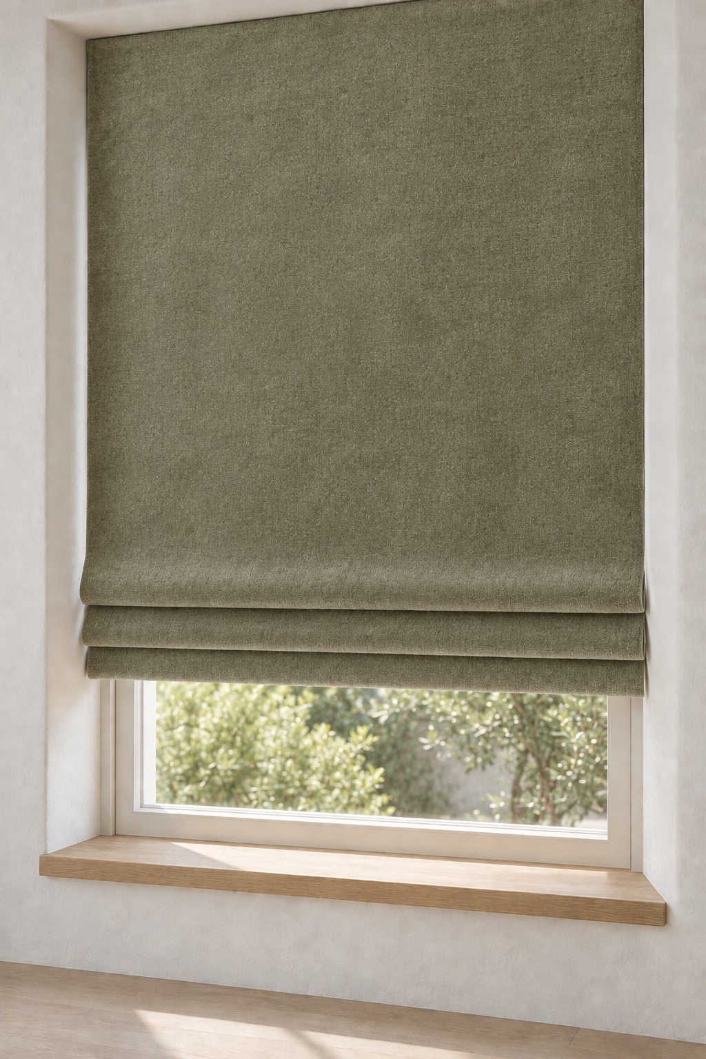 Artichoke Cotton Velvet Roman shades — scan-referenced room concept