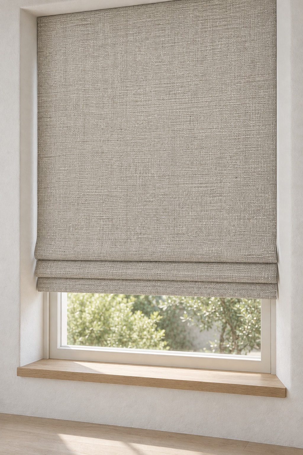 Desized Solid Linen Roman shades — scan-referenced room concept