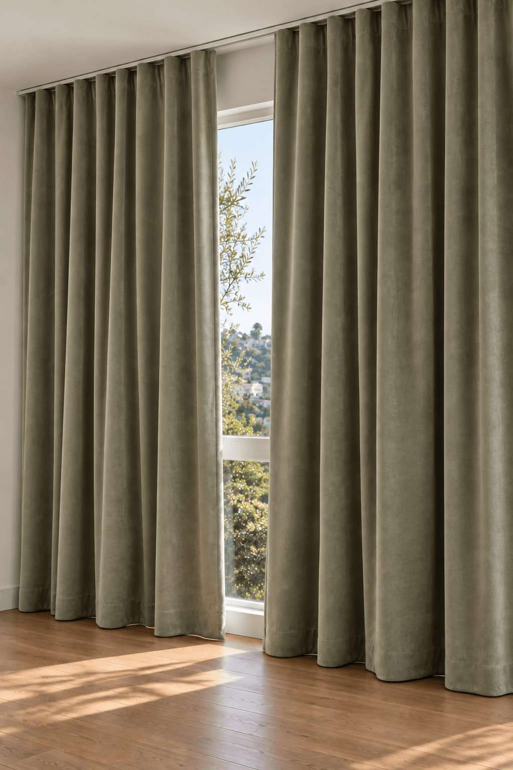 Artichoke Cotton Velvet Drapery — scan-referenced room concept