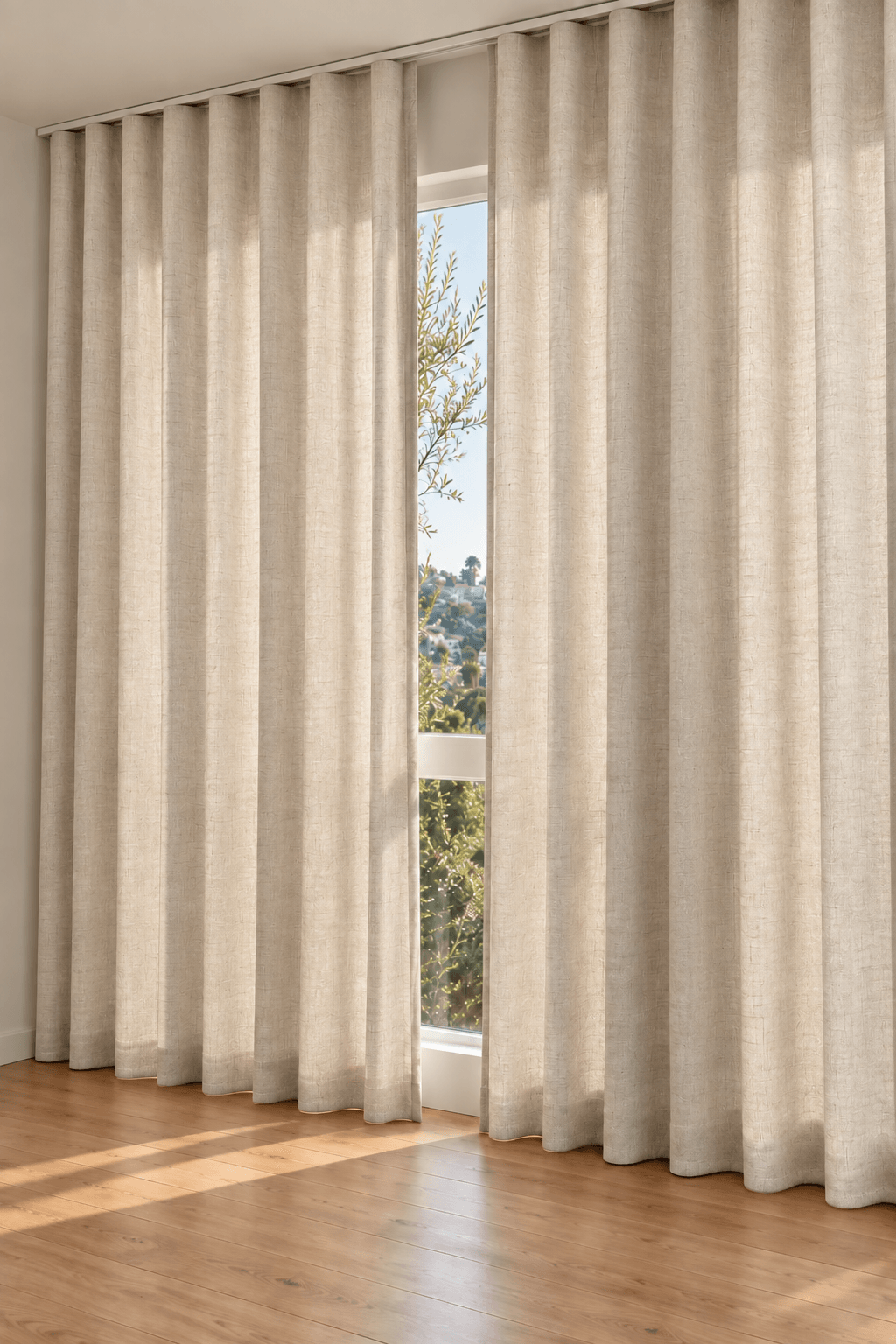 Desized Solid Linen Drapery — scan-referenced room concept