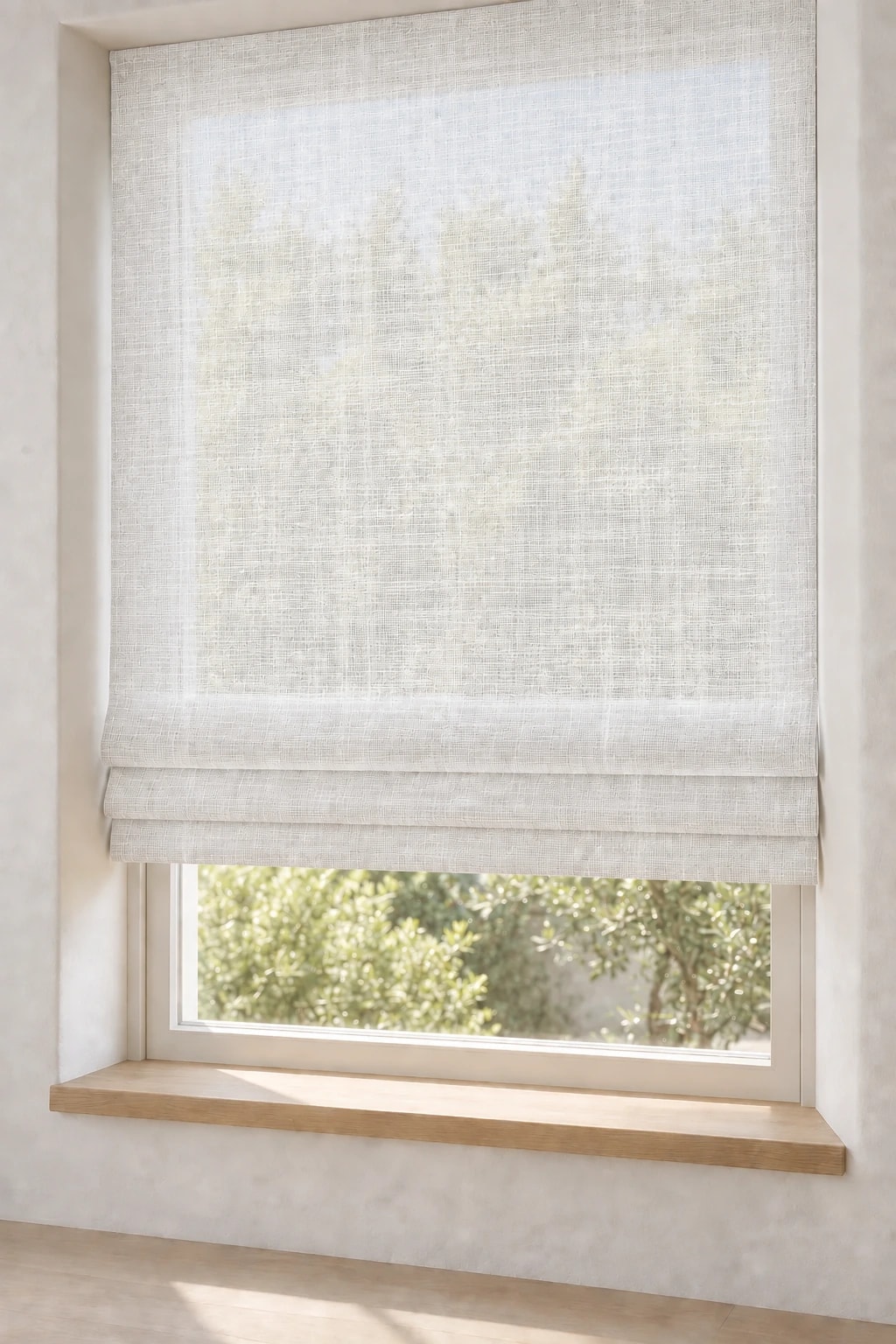 White Sheer Linen Roman shades at the window
