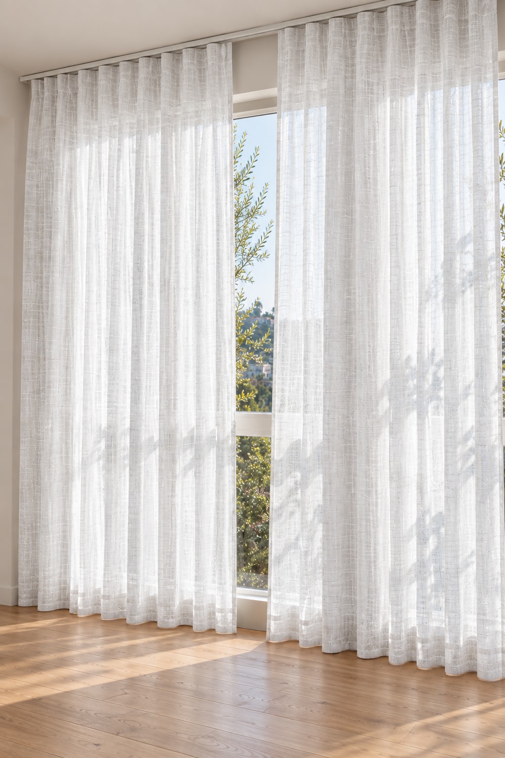 White Sheer Linen Drapery — scan-referenced room concept