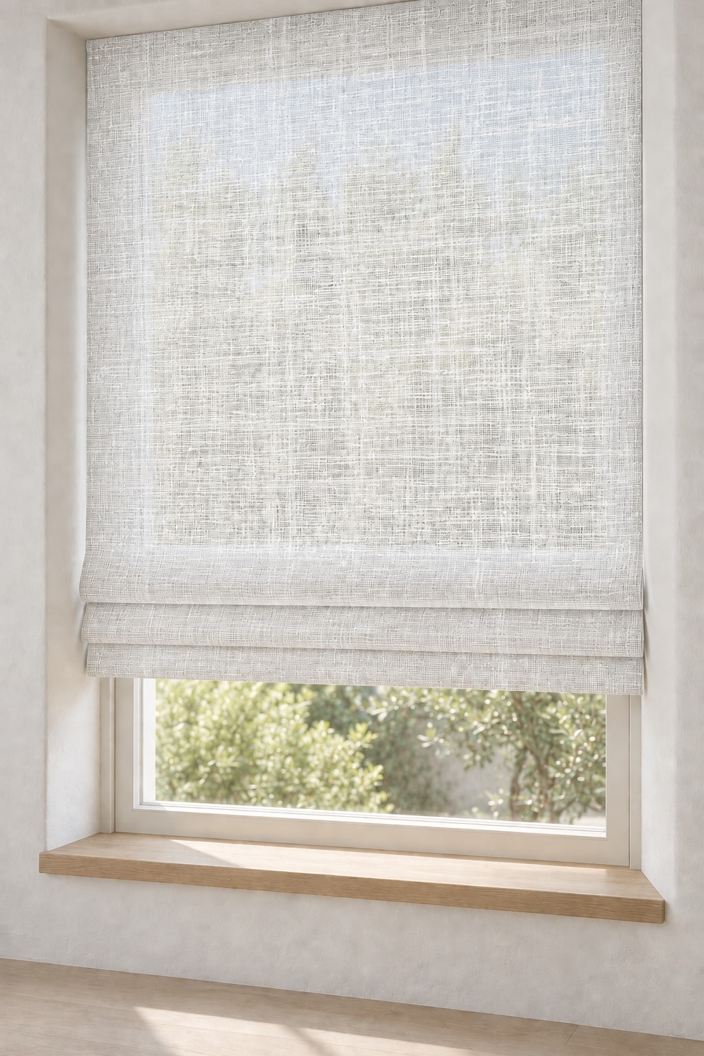 White Sheer Linen Roman shades — scan-referenced room concept