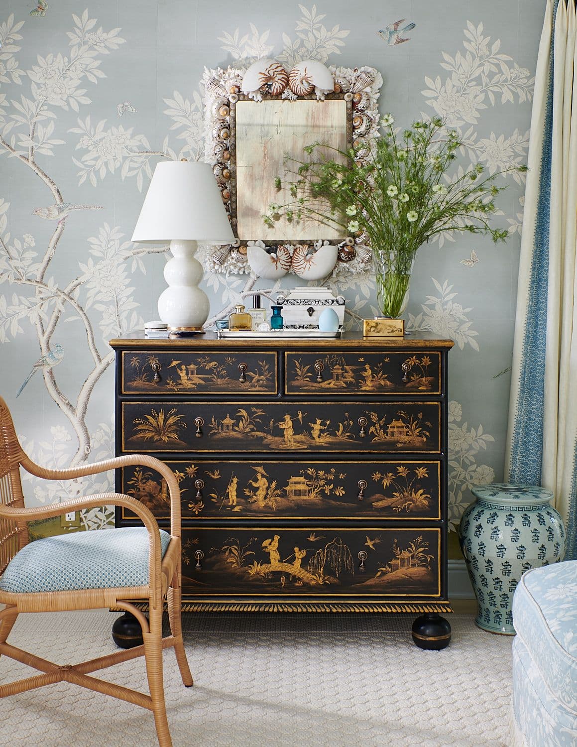 Upholstered cane chair with custom drapes